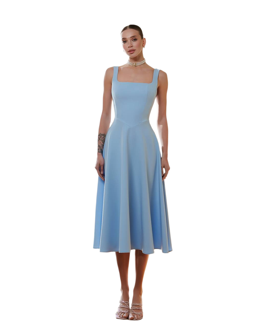 Elegant Blue Midi Dress in Premium Suit Crepe-Diagonal Fabric