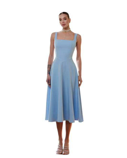 Elegant Blue Midi Dress in Premium Suit Crepe-Diagonal Fabric