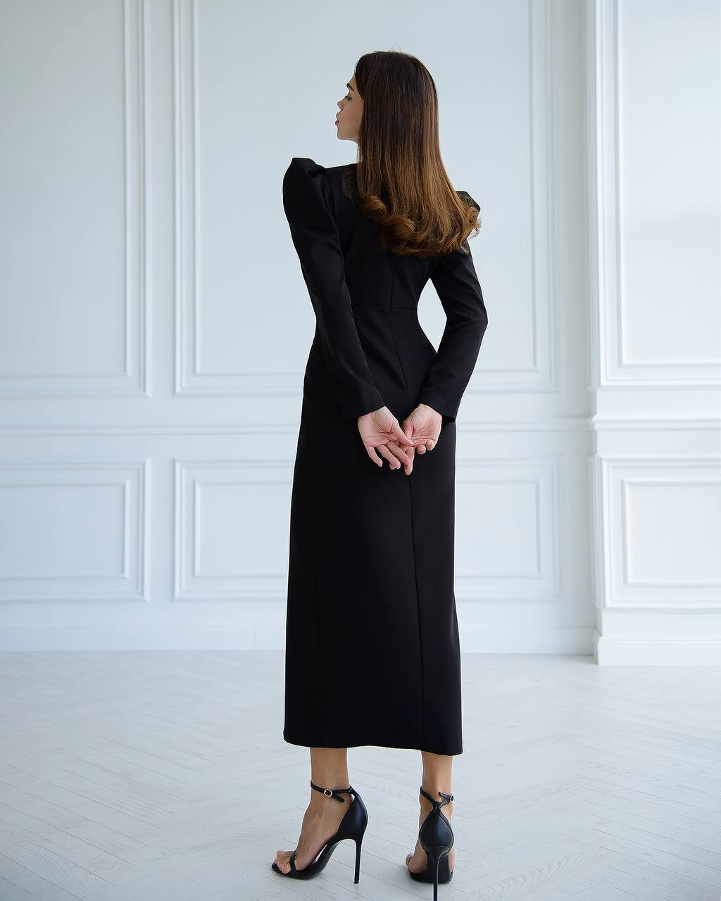 Elegant Black Midi Dress Women Puff Sleeve Crepe Diagonal Fabric