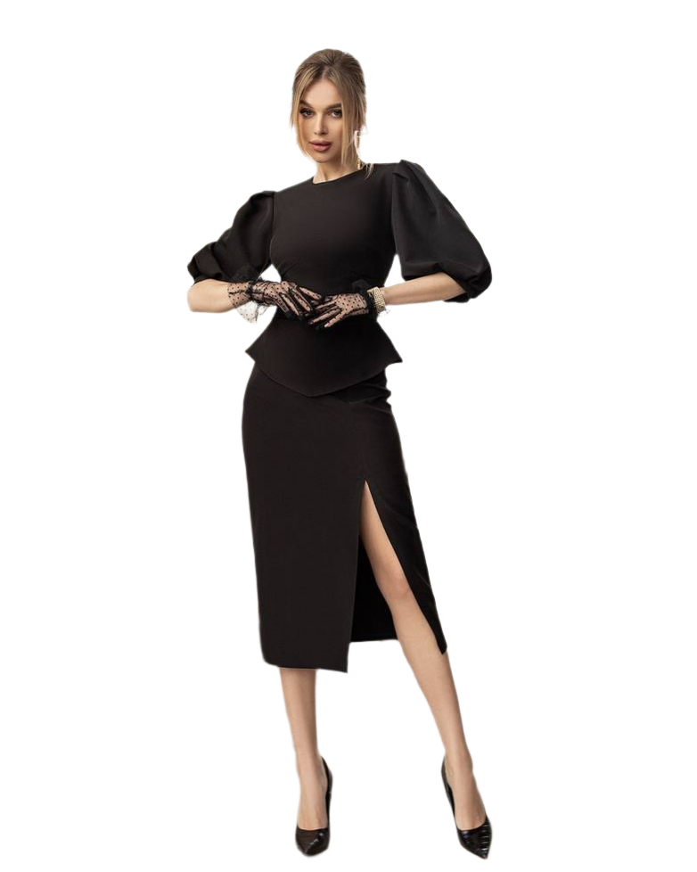 Elegant Women's Suit in Diagonal Crepe Fabric with Puff Sleeves and Slit Skirt