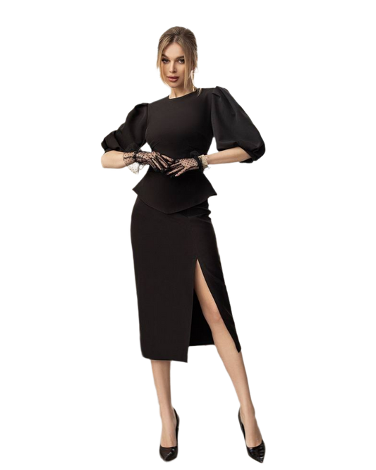 Elegant Women's Suit in Diagonal Crepe Fabric with Puff Sleeves and Slit Skirt
