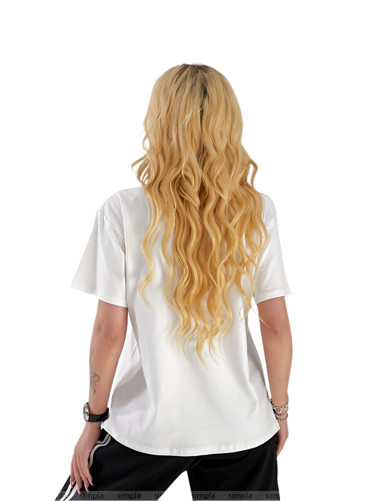 Person wearing a white t-shirt with long blonde hair flowing out of it on a white background