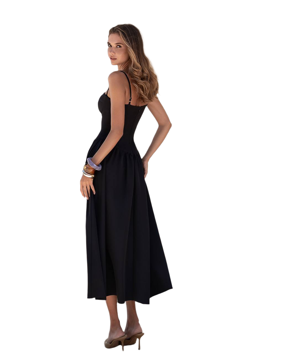 Woman wearing a black dress on a white background