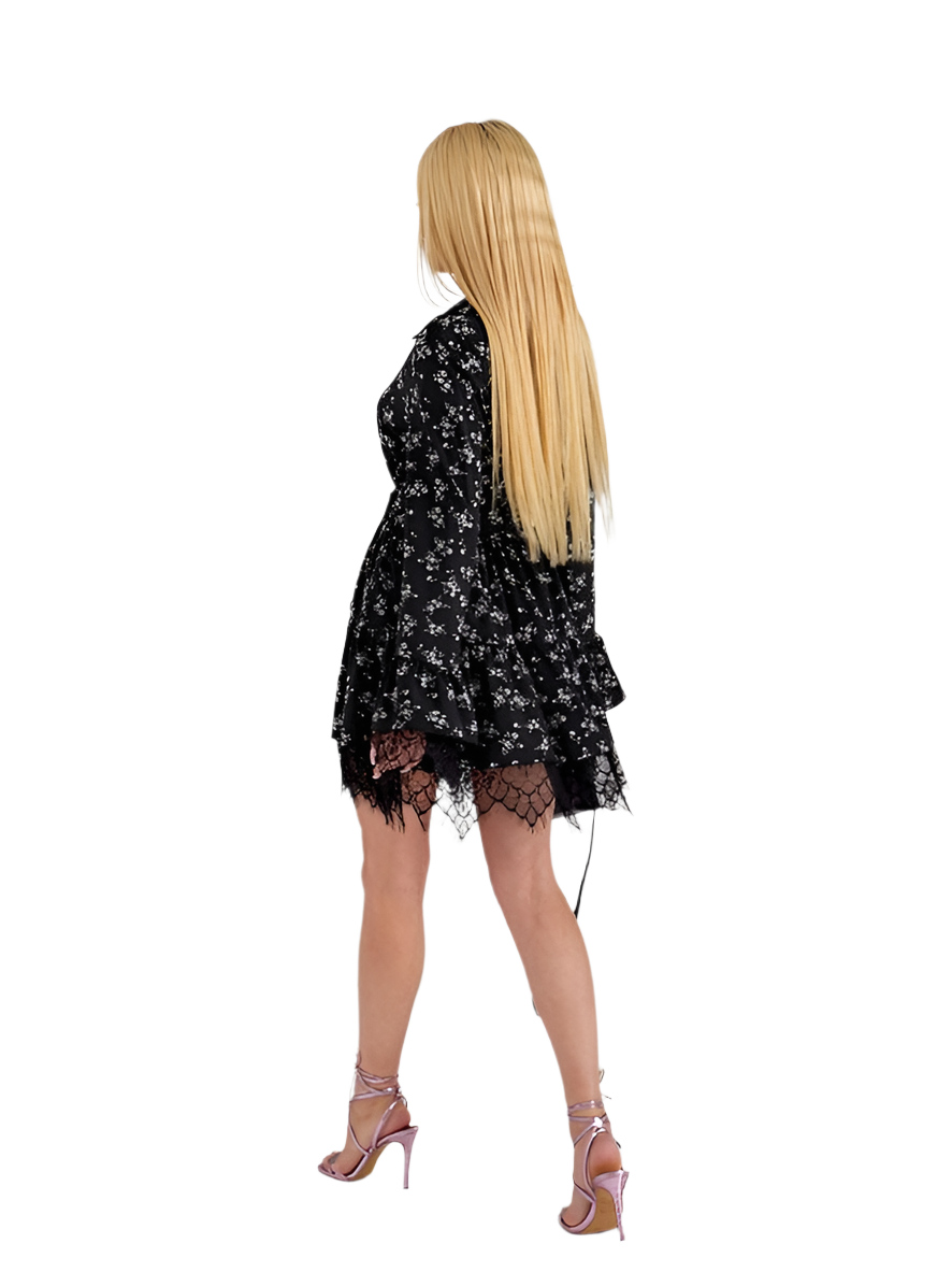 Stylish Black Lace Shirt Dress with Floral Pattern