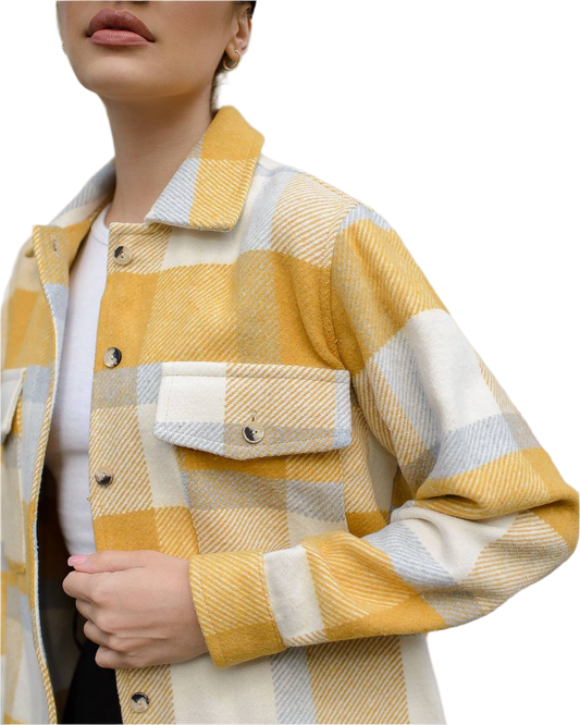 Yellow and white plaid jacket worn by a person on a white background
