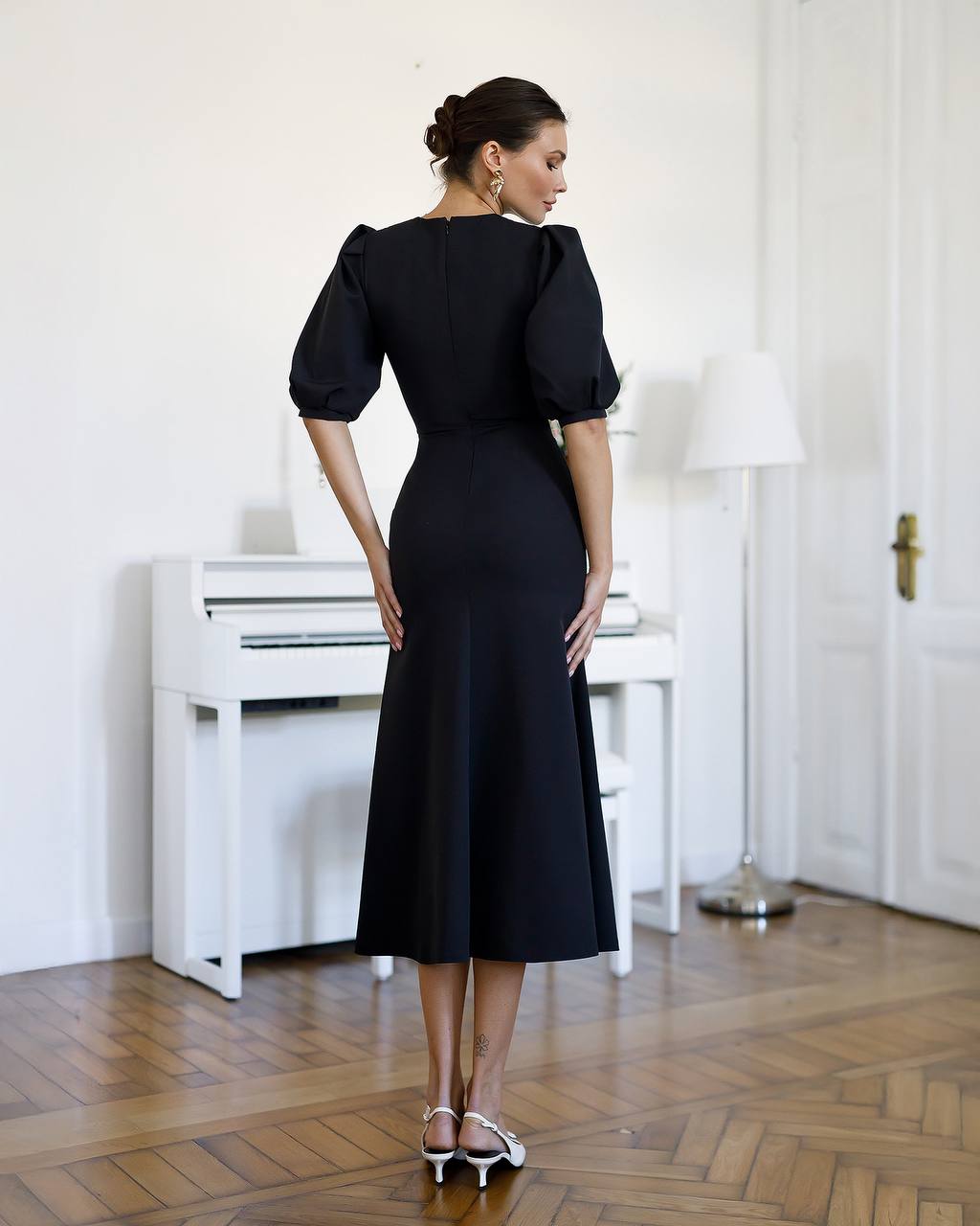 Elegant Women Midi Dress in Premium Diagonal Crepe Fabric
