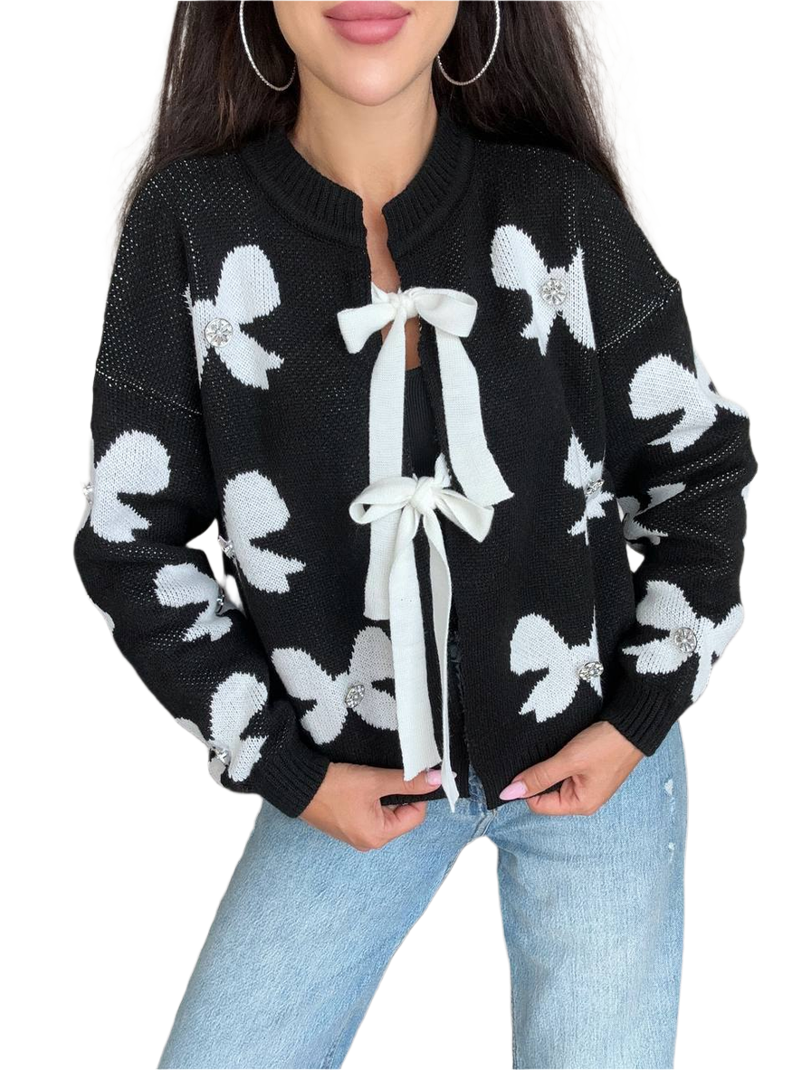 Womens Black Fine Knit Bow Cardigan with White Bows and Crystal Buttons