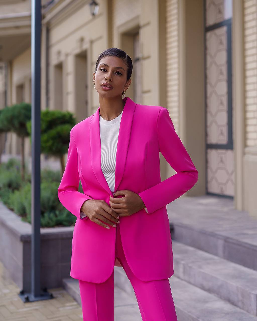 Womens Pink Suit with Lined Blazer and Flared Pants
