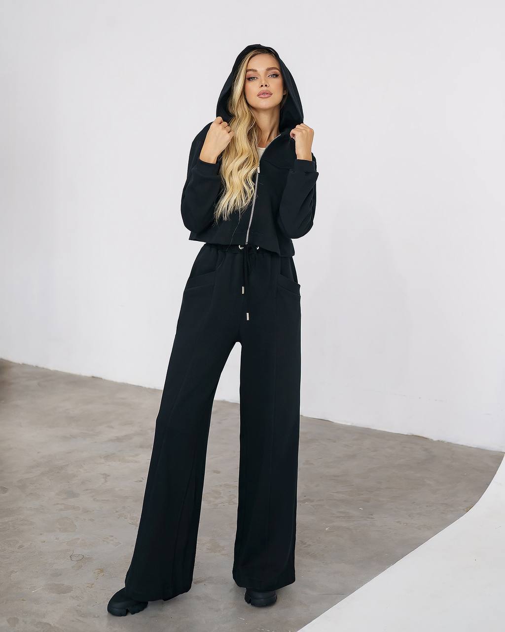 Women Black Cotton Knit Casual Wide Leg Pants