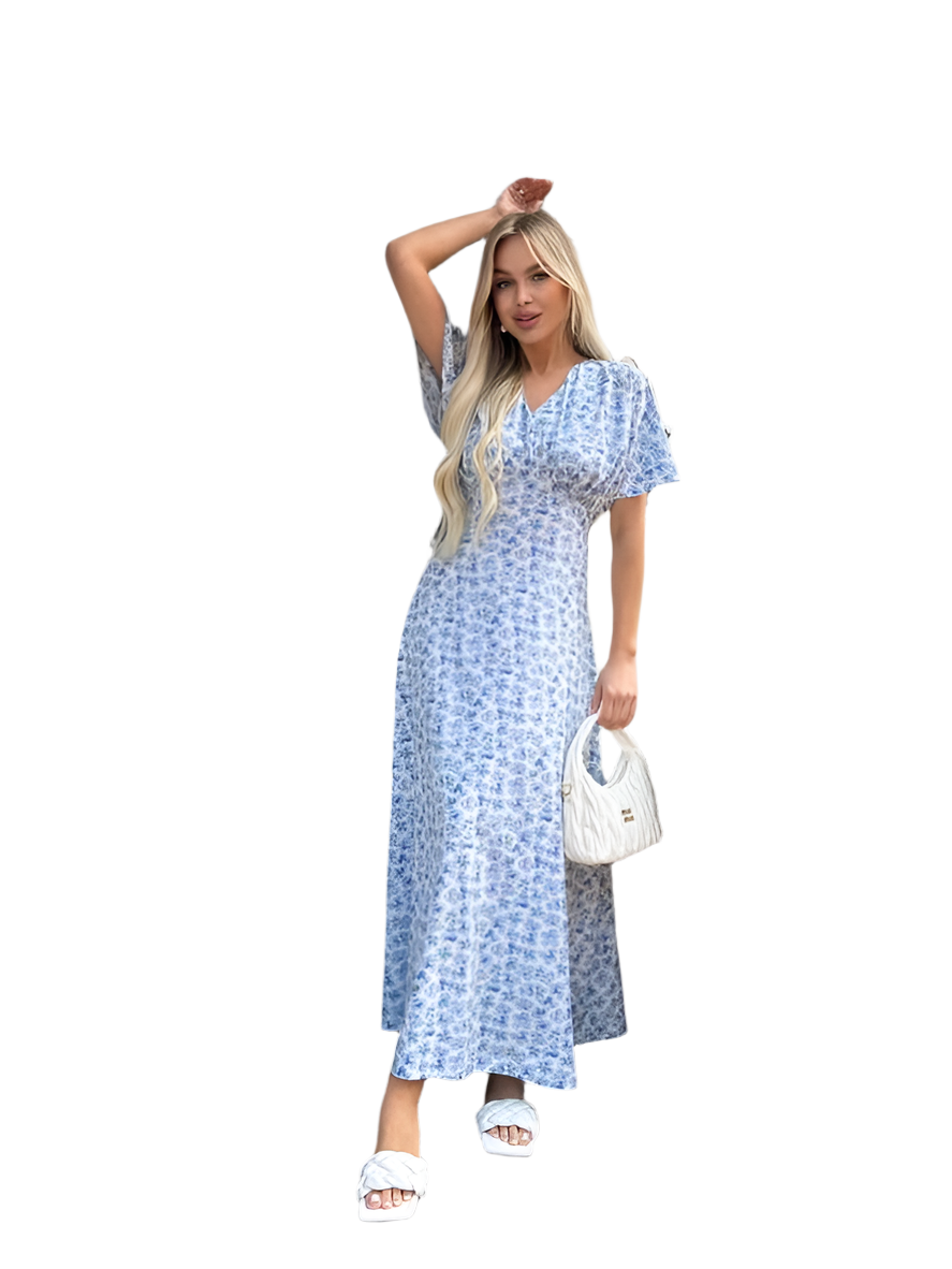 Lightweight Midi Summer Dress Blue Floral Print