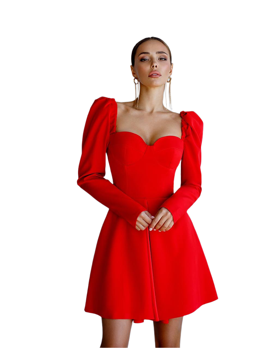 Womens Red Mini Dress Long Sleeve Premium Crepe Fabric