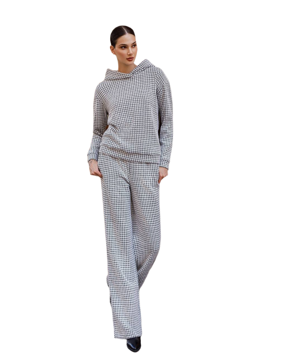 Womens Houndstooth Pattern Knit Suit with Hoodie and Pants