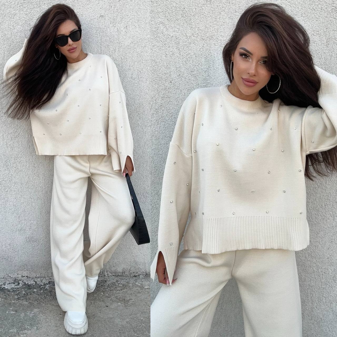 Two images of a woman wearing a cream-colored outfit with pearl embellishments against a gray wall.