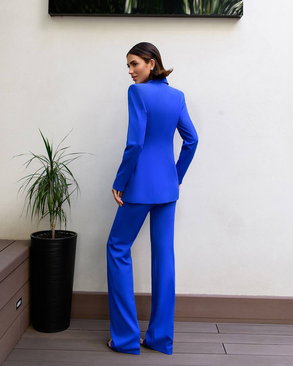 Person wearing a blue suit standing in front of a white wall with a plant to the left.