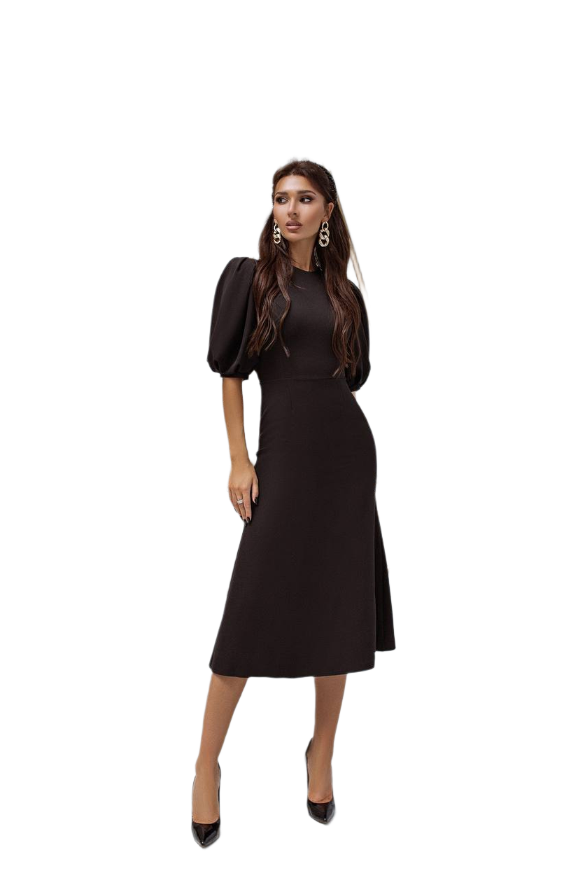 Elegant Black Midi Dress with Puff Sleeves