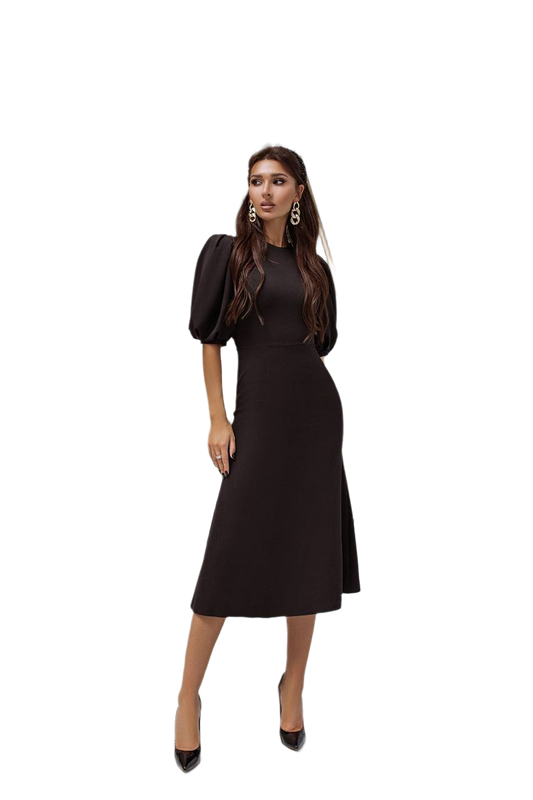 Elegant Black Midi Dress with Puff Sleeves