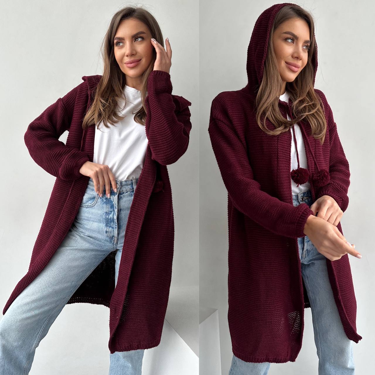 Woman wearing a burgundy cardigan over a white shirt and blue jeans, with and without the hood.