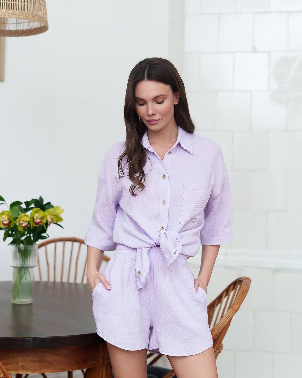 Women Muslin Shirt and Shorts Suit Set in Milk Blue Lavender
