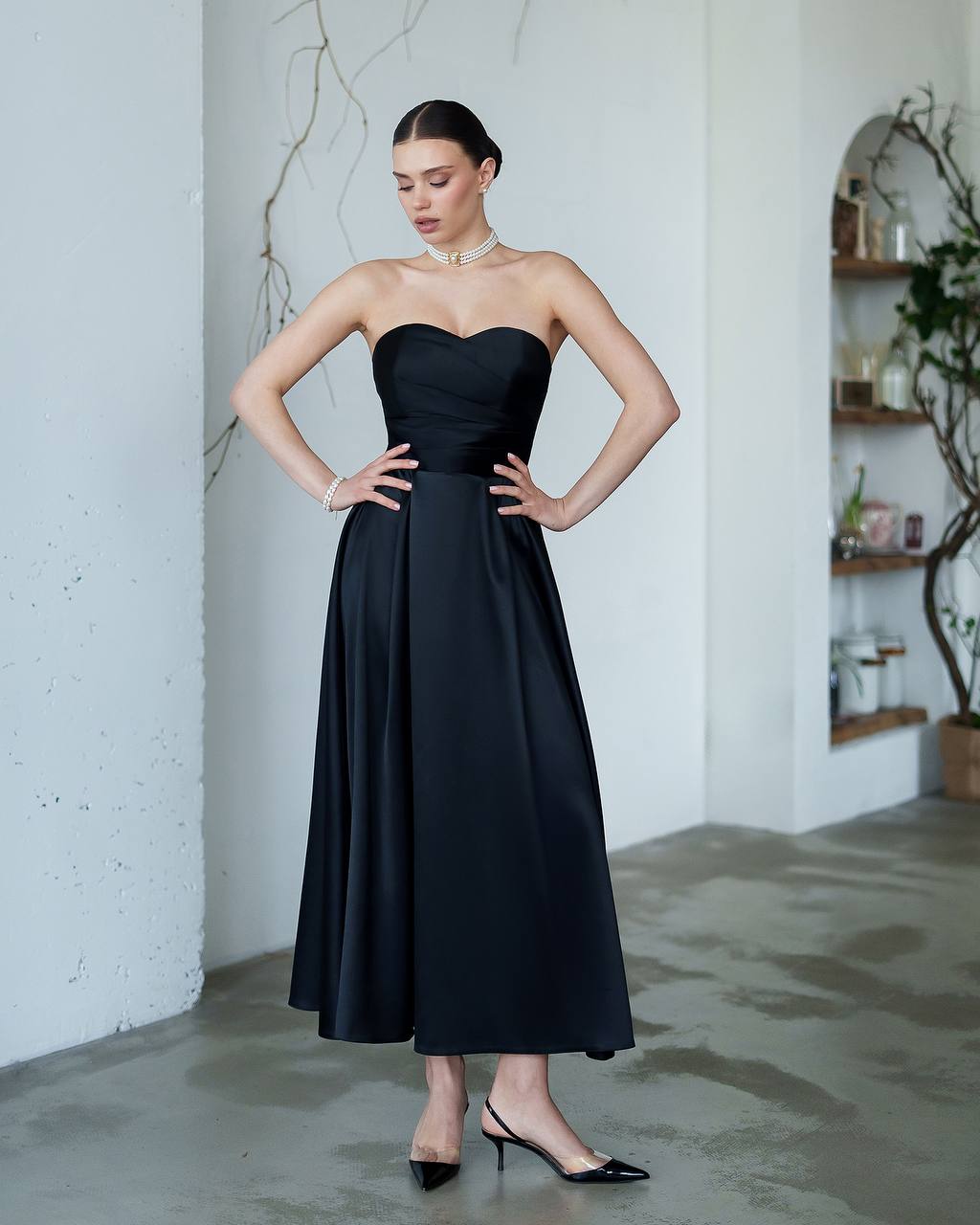 Women's Premium Dense Satin Strapless Midi Dress
