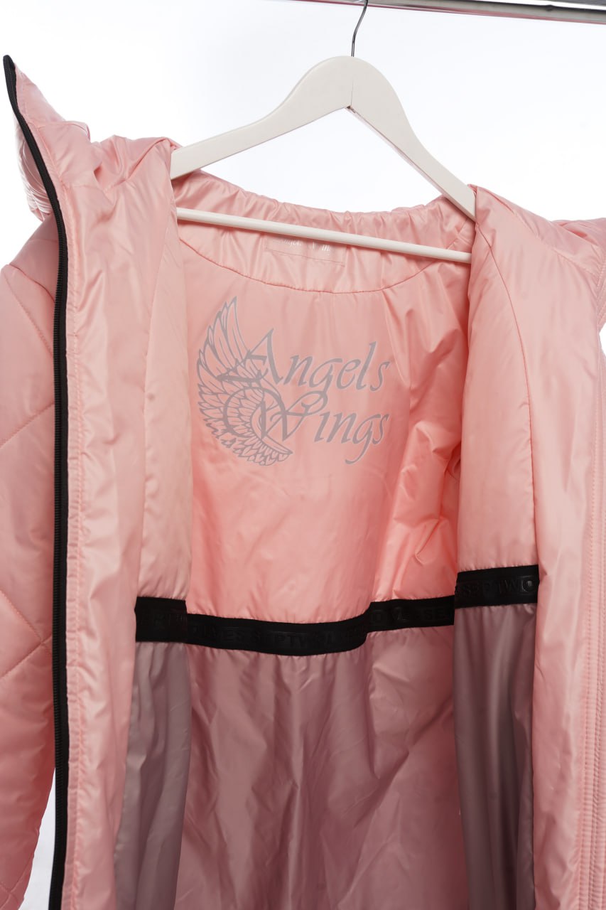 Pink jacket with 'Angels Wings' embroidery on a hanger
