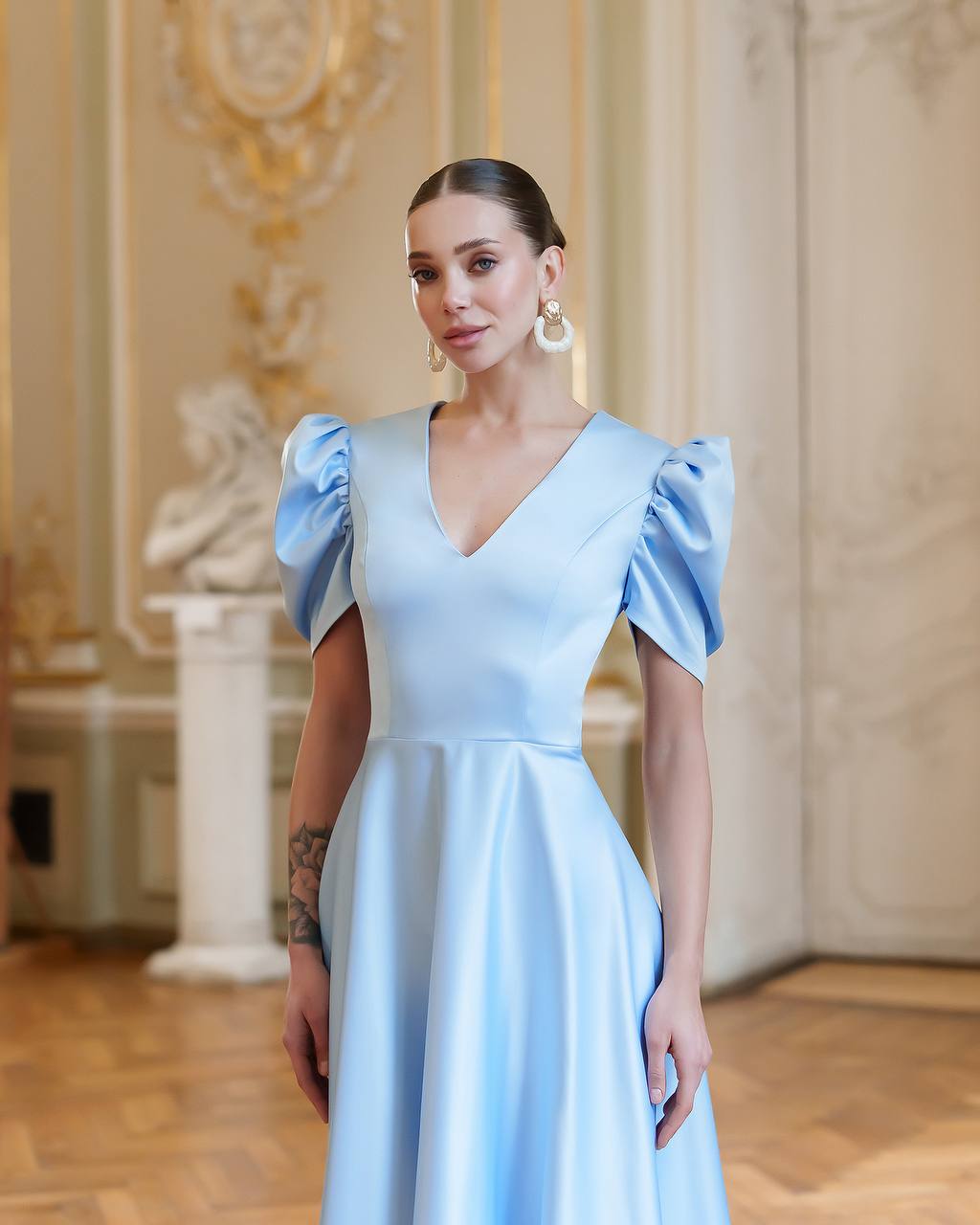Elegant Premium Satin Puff Sleeve Midi Dress in Blue