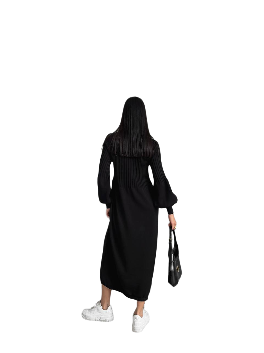 Person wearing a black dress holding a black handbag on a white background