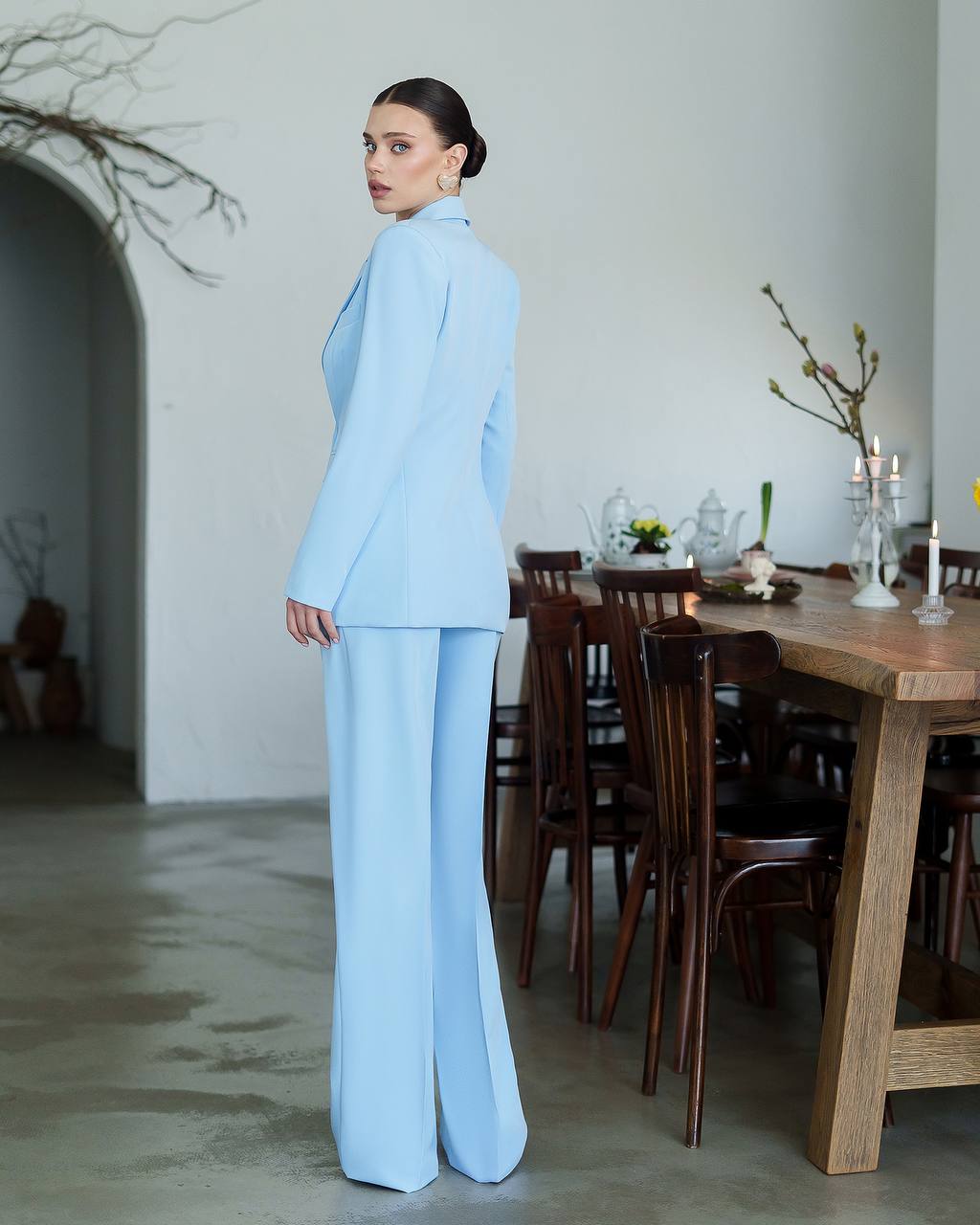 Elegant Light Blue Prom Bridal Wedding Cocktail Graduation Three-Piece Womens Suit Jacket Trousers Pantsuit Palazzo Pants