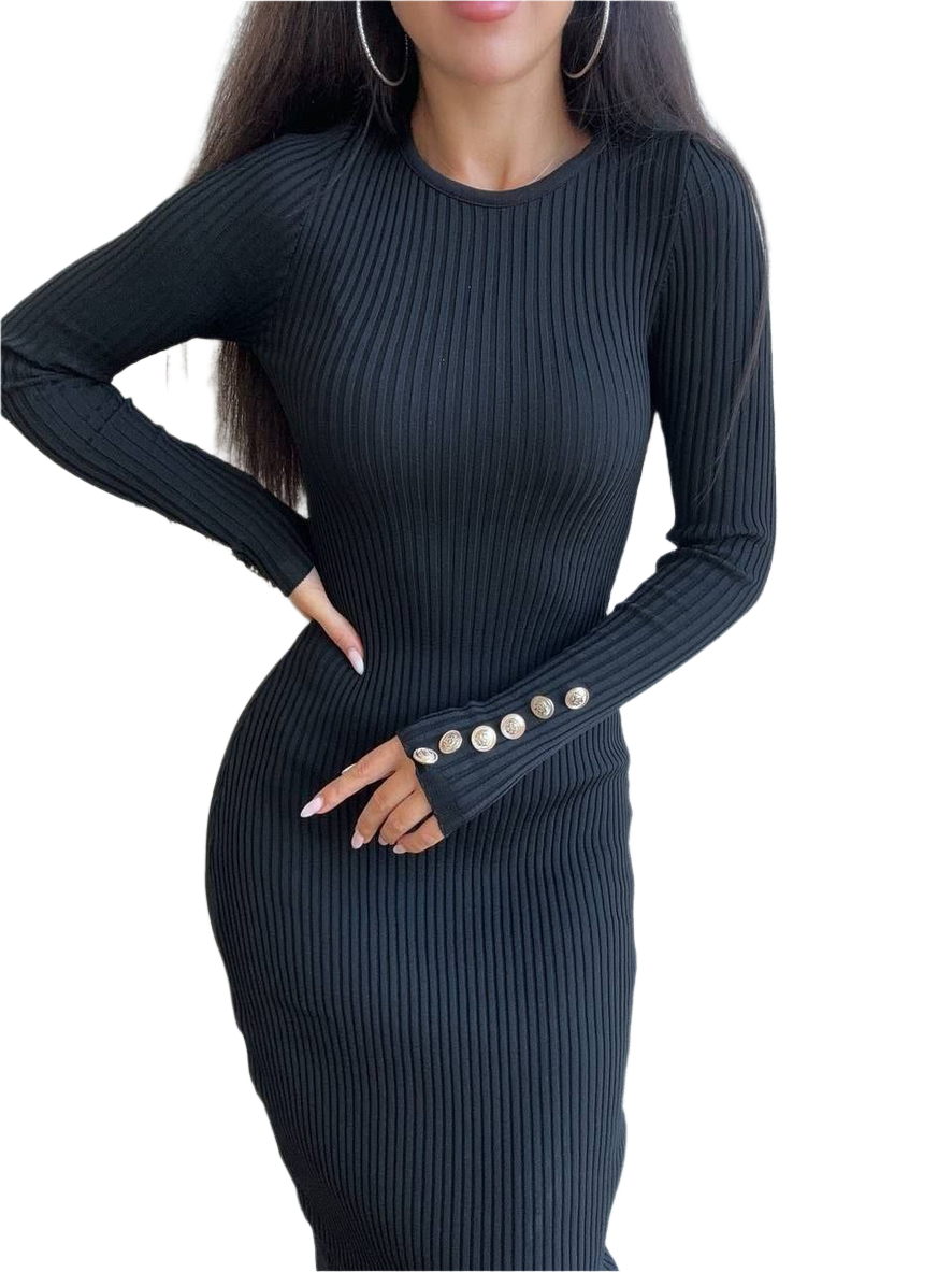 Black Ribbed Knit Silhouette Dress Women Long Sleeve Stretchy