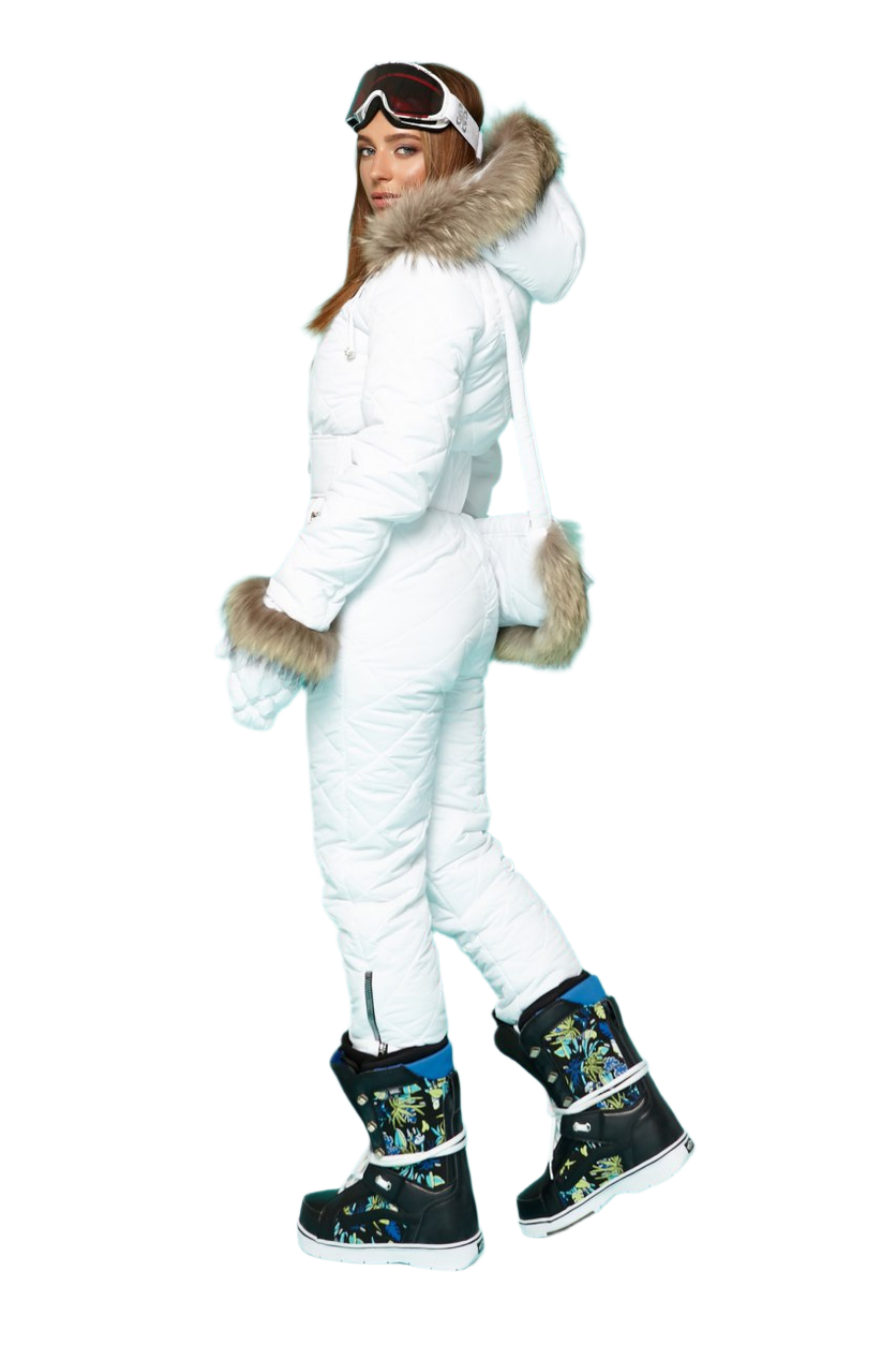 Person wearing a white snowsuit with fur trim on a white background