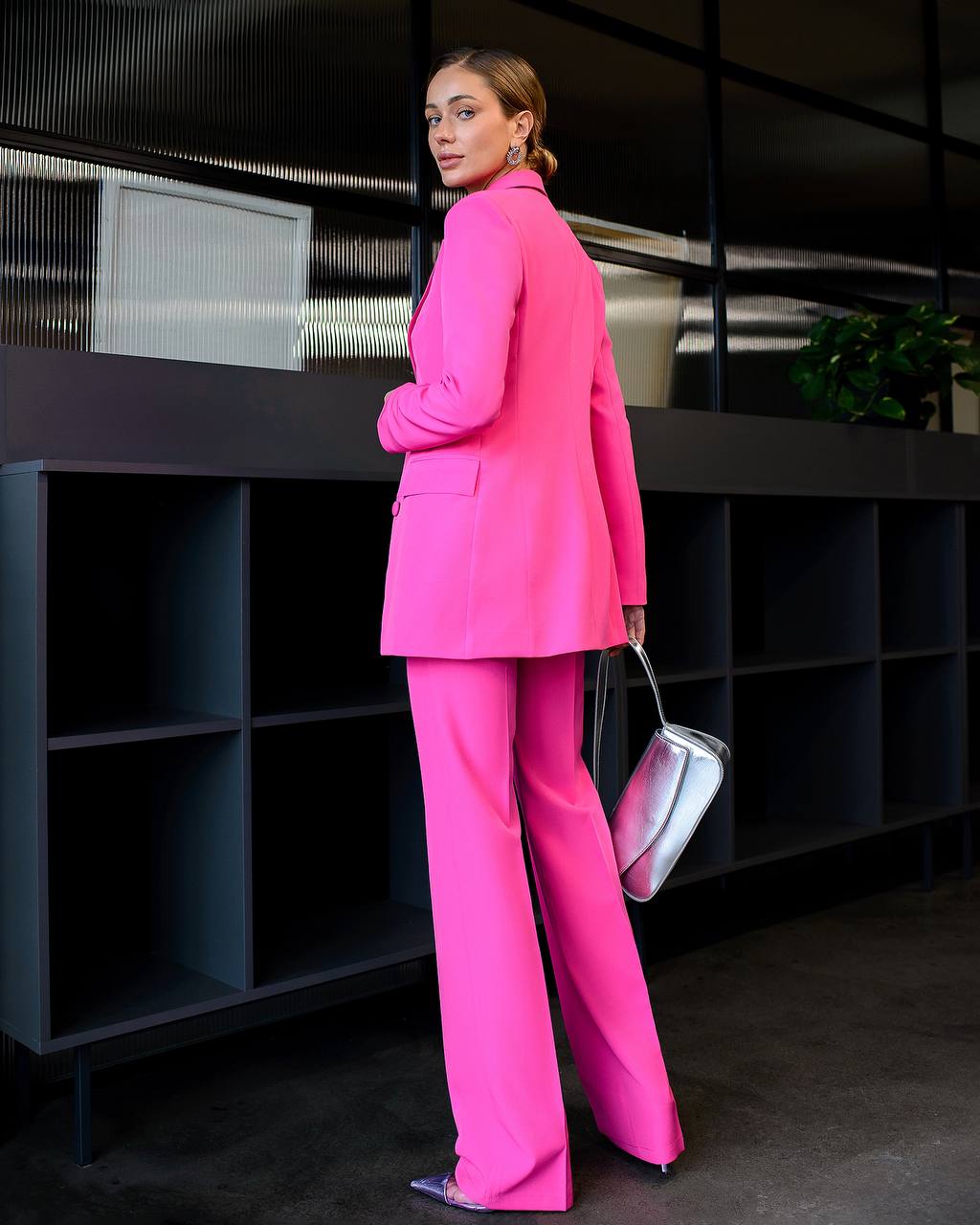 Womens Three Piece Suit with Vest in Vibrant Pink Diagonal Crepe