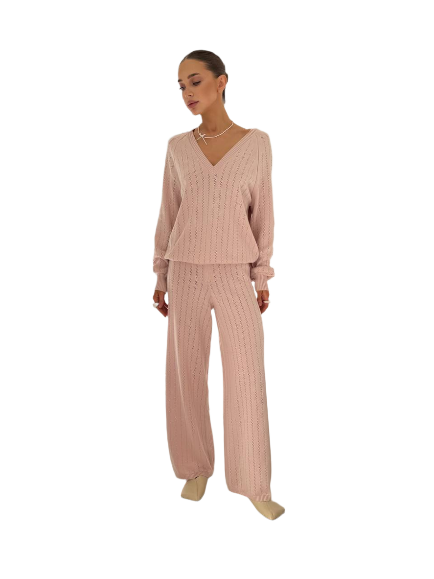 Spring Womens Knit Suit with Dropped Sleeve Pink