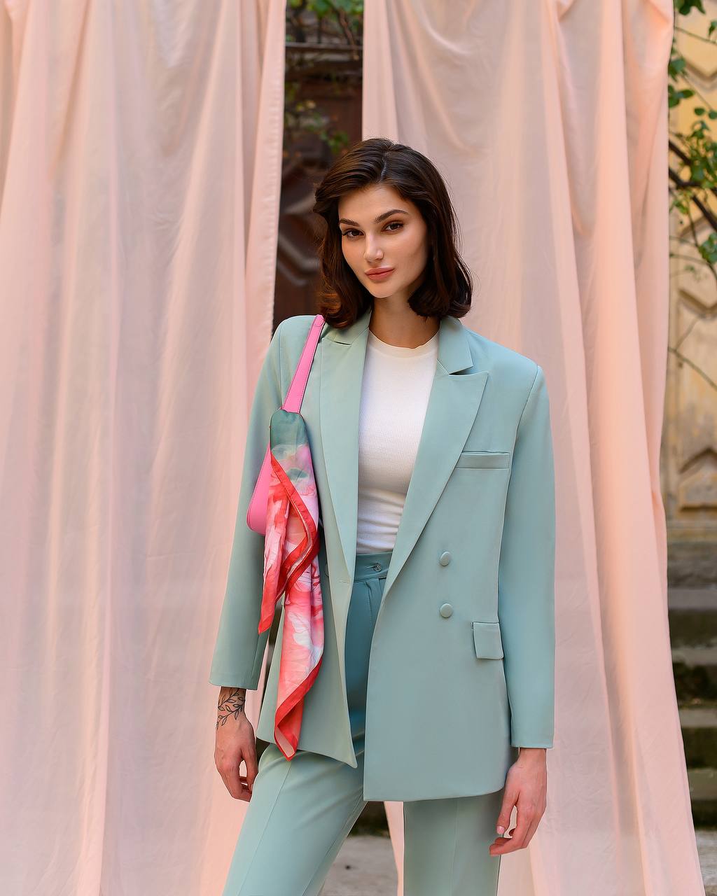 Luxury Diagonal Suiting Crepe Women's Suit in Blue