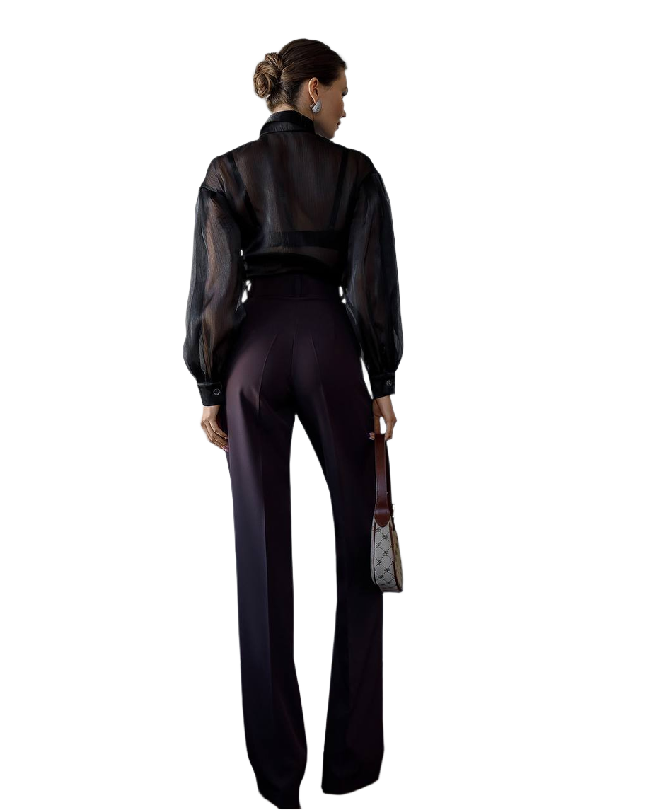 Person wearing a black outfit with sheer sleeves on a white background