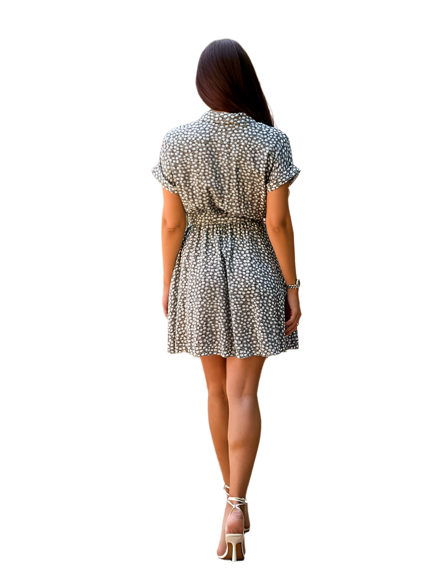 Lightweight Printed Staple Dress with Elastic Waist and Fabric Belt