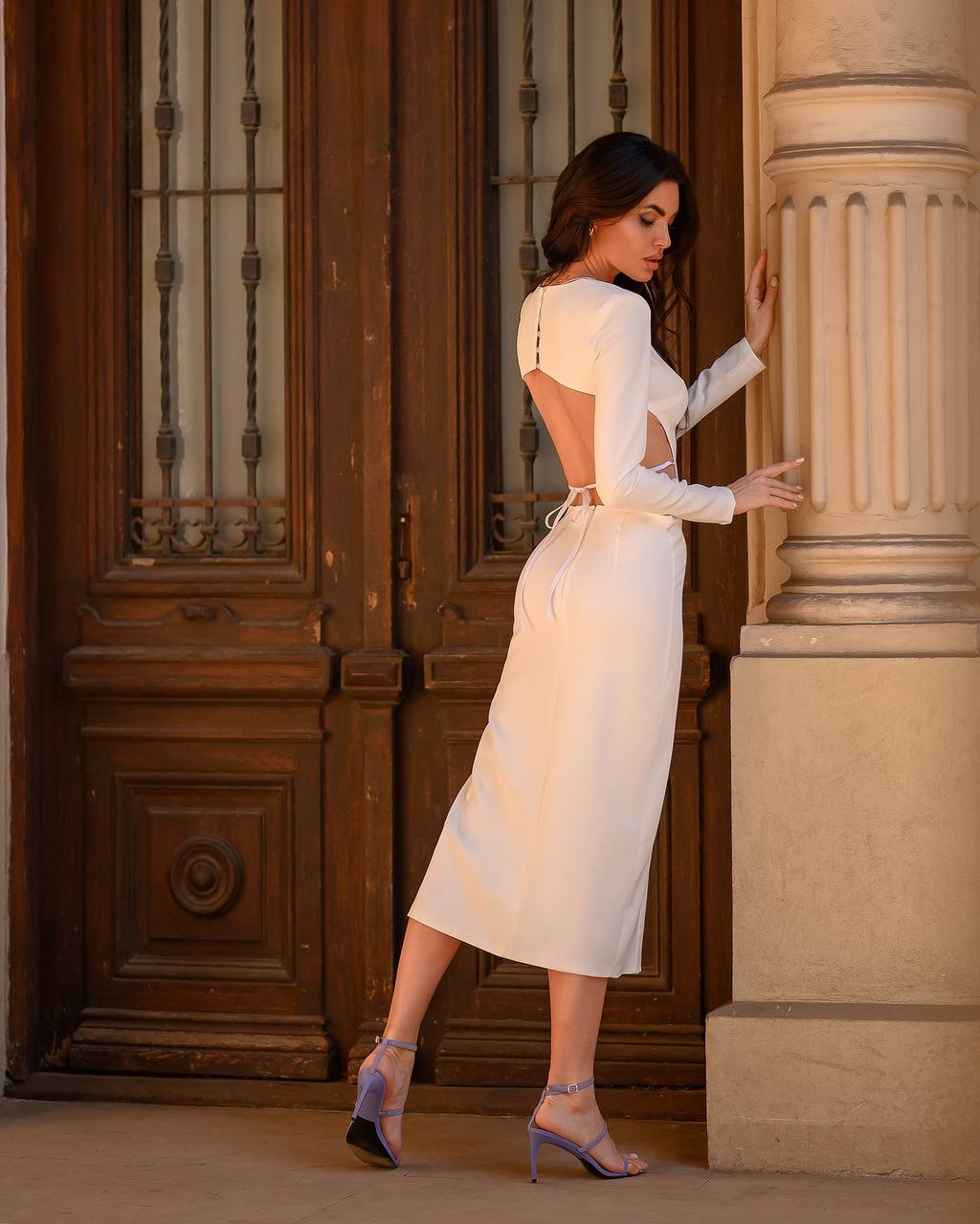 Women's Elegant Midi Dress in Milk Color with Open Back