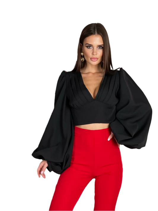 Elegant Women's Diagonal Crepe Top Blouse with Puff Sleeves