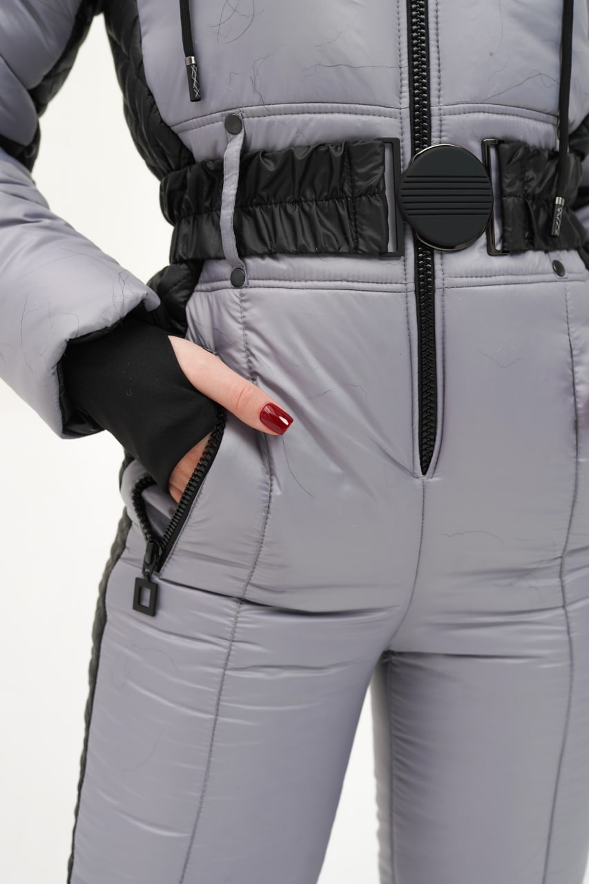 Gray winter suit with black gloves and belt on a white background