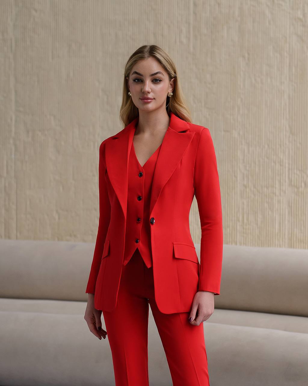 Woman wearing a red suit standing against a beige wall.