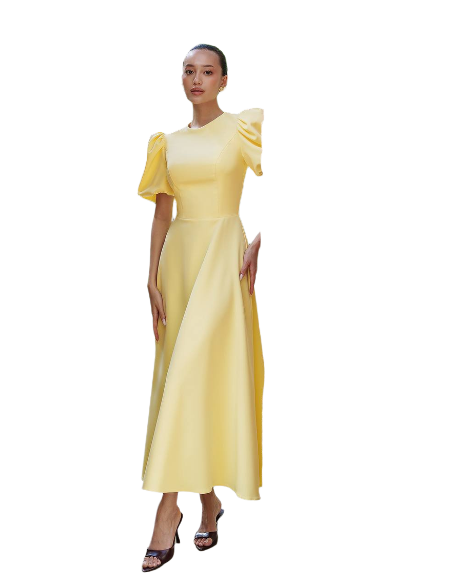 Women Midi Dress Premium Diagonal Suit Crepe Yellow Puff Sleeve