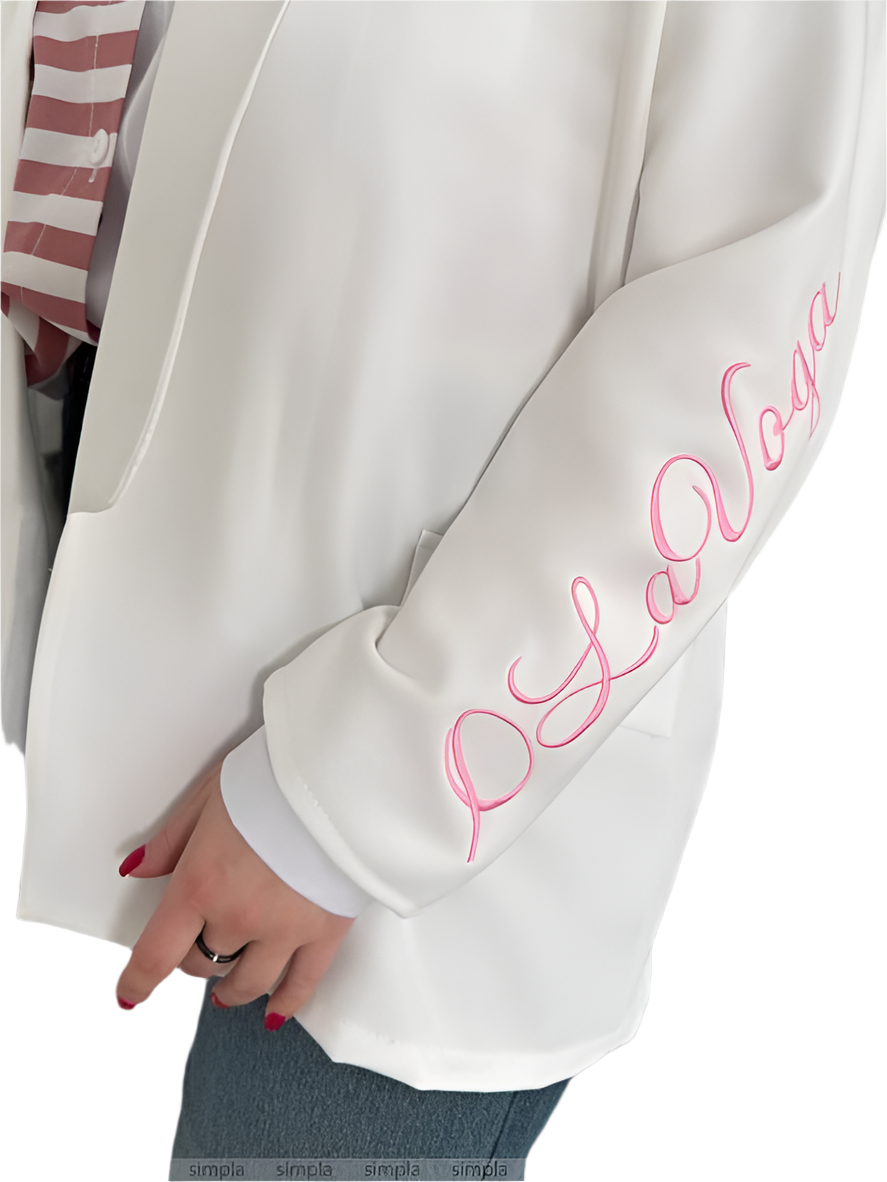 Extended White Blazer with Embroidered Sleeve