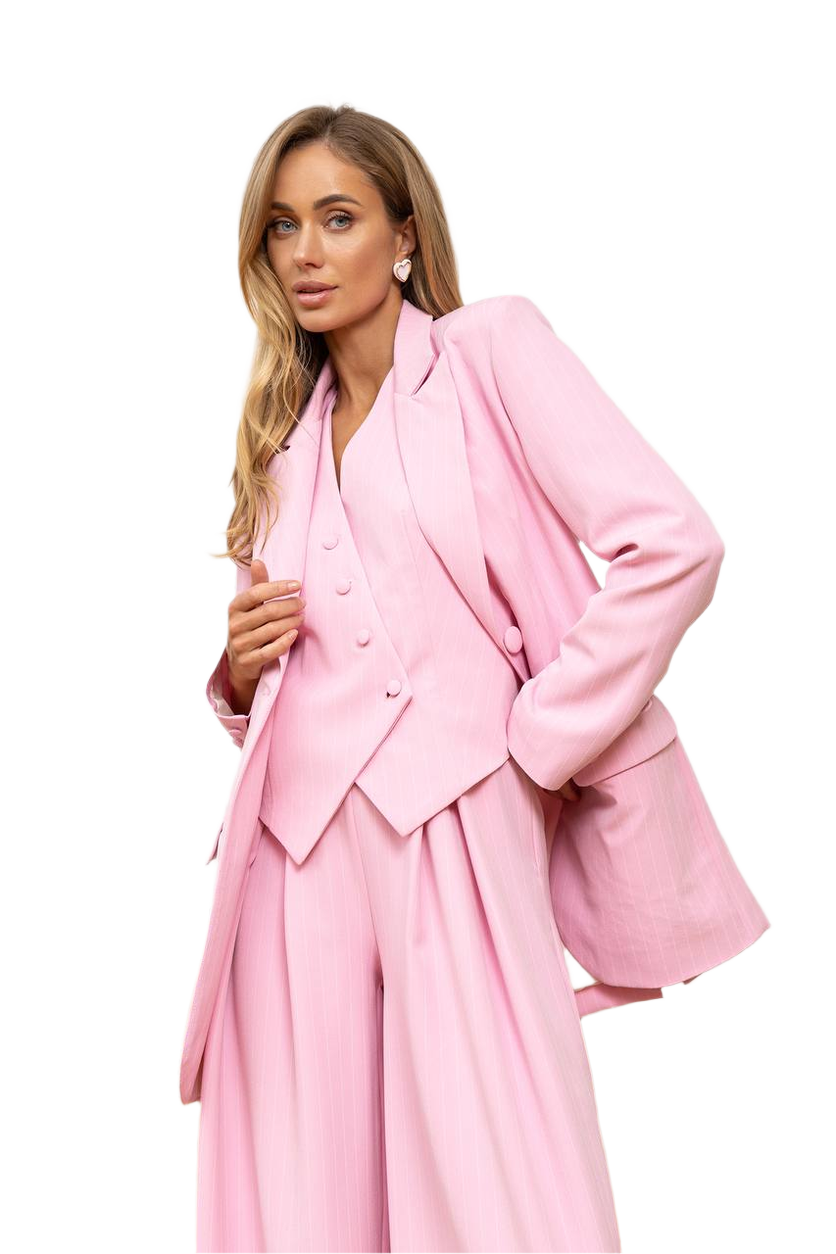 Woman wearing a pink suit on a white background