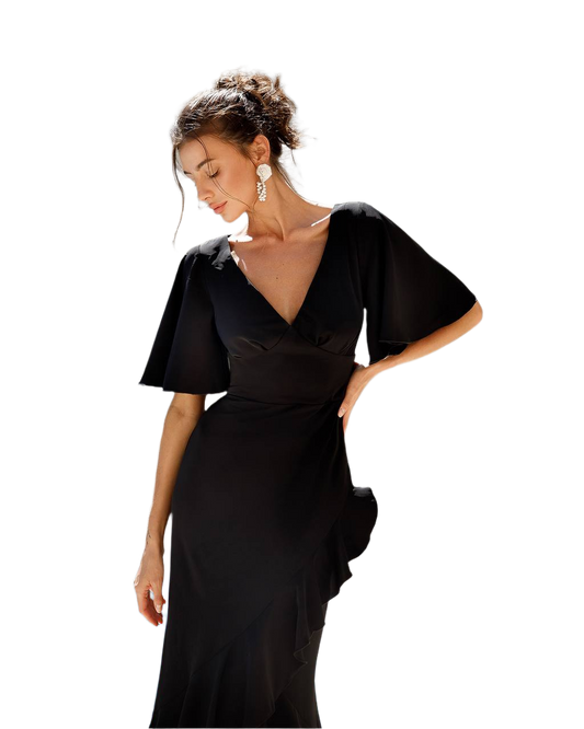 Woman wearing a black dress on a white background