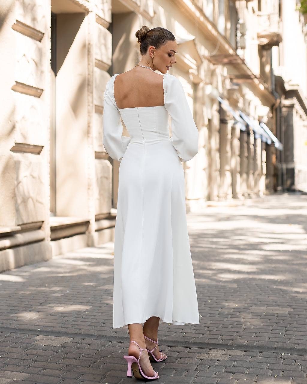 White Midi Dress with Cups and Long Puff Sleeves for Women