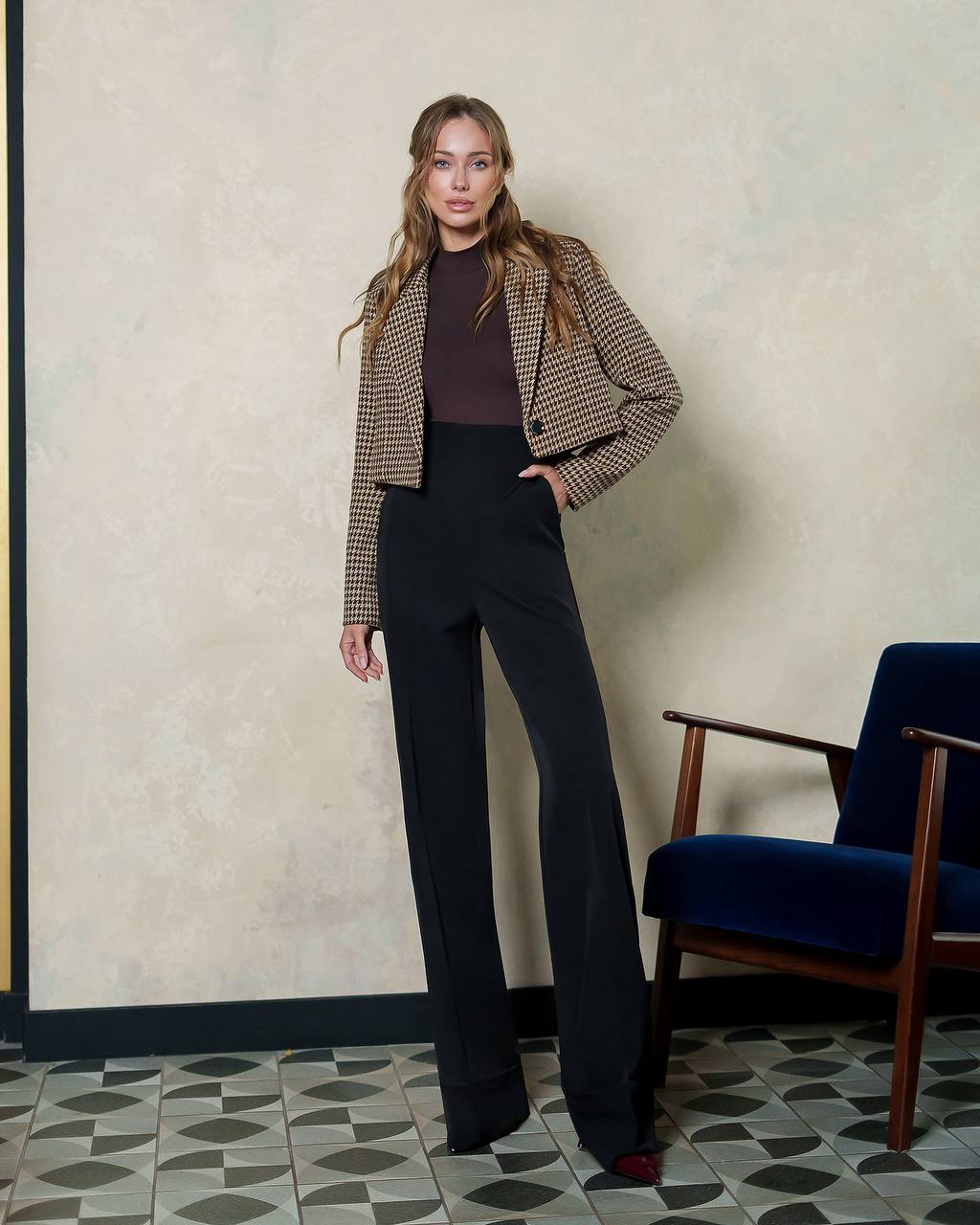 Women's Premium Houndstooth Pattern Blazer Cropped Suit Jacket