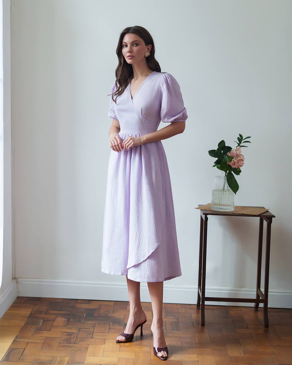 Lightweight Muslin Midi Dress for Women in Milky Blue and Lavender