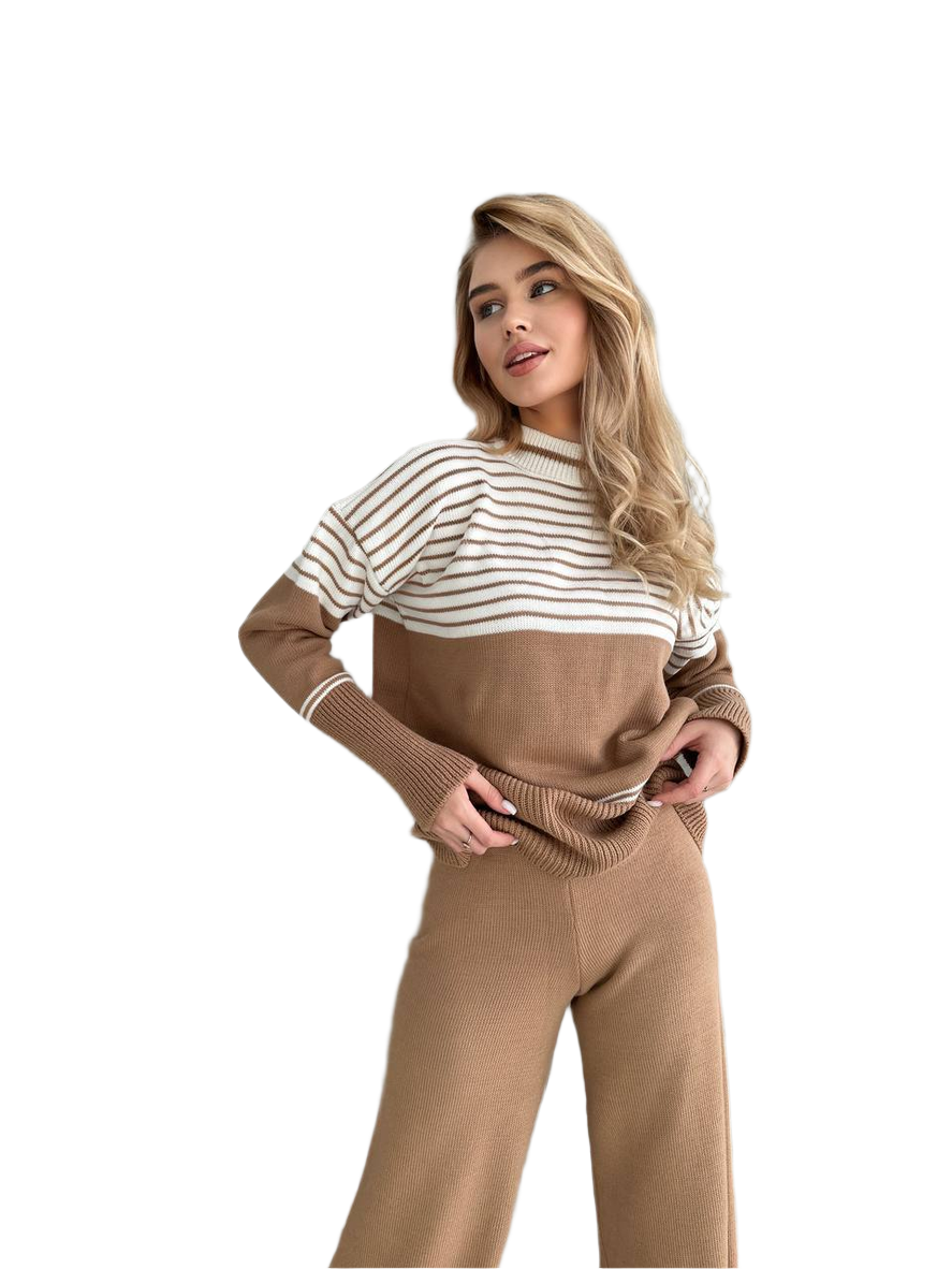 Woman wearing a brown and white striped sweater with matching pants on a white background
