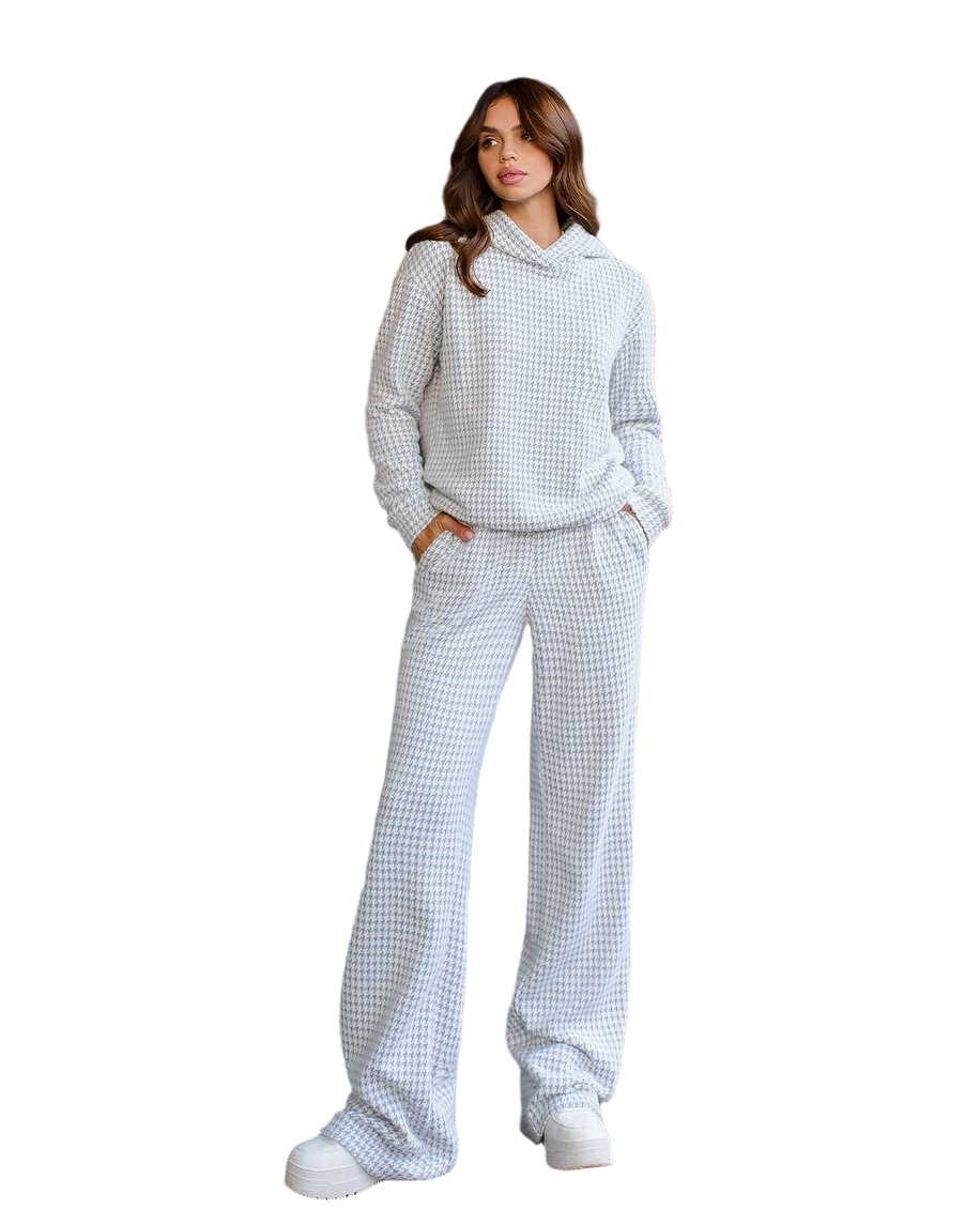 Womens Houndstooth Pattern Suit Set Dense Knit Fabric Imitation Rabbit Fur