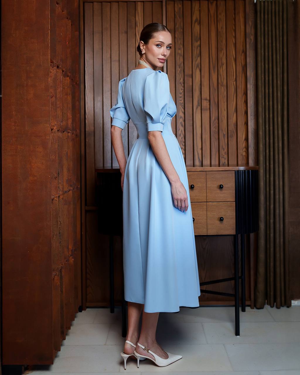 Elegant Women's Light Blue Midi Dress in Premium Crepe Diagonal Fabric