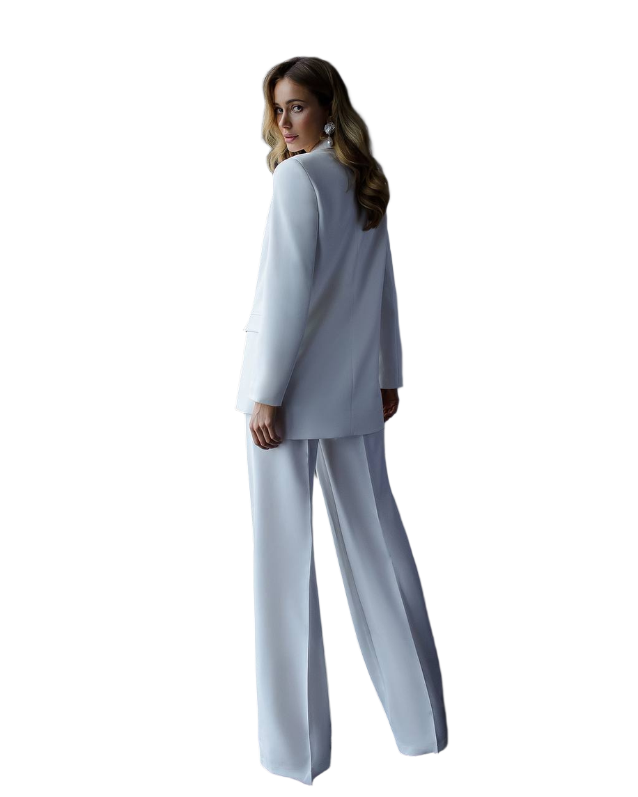 Woman wearing a light blue suit on a white background