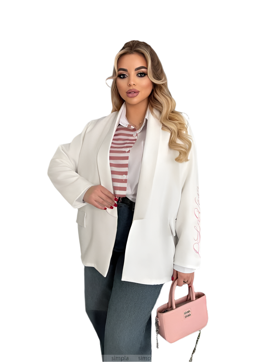 Extended White Blazer with Embroidered Sleeve